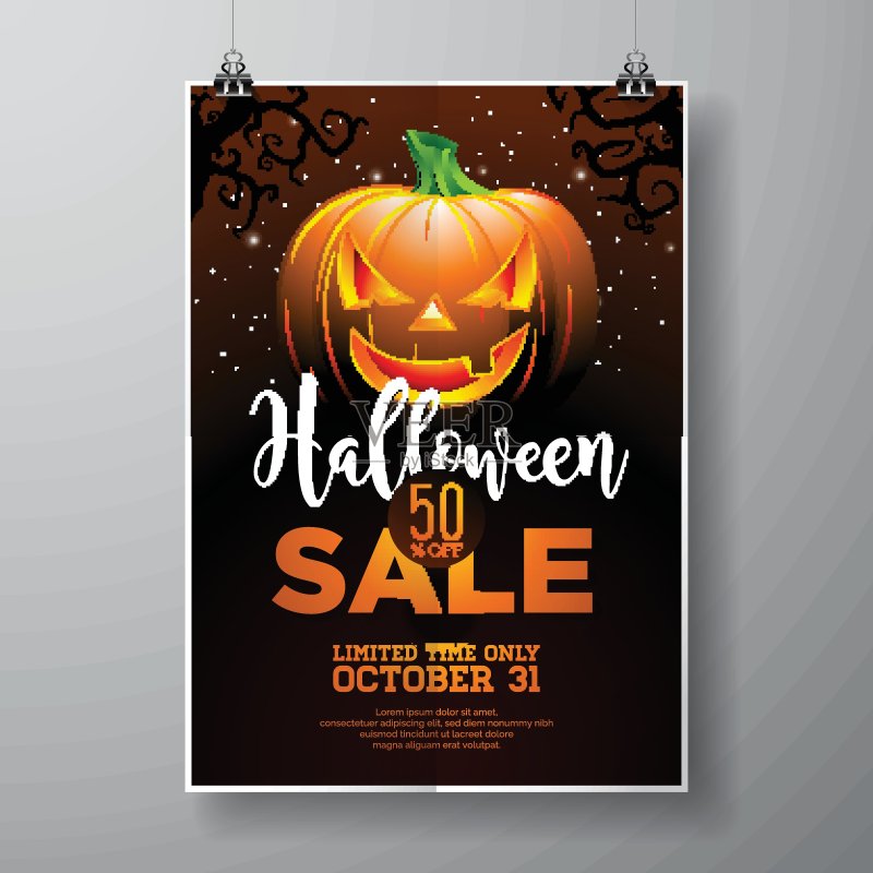 万圣节销售矢量插图与南瓜在黑色的天空背景。设计提供,优惠券,横幅,代金券或促销海报正版插画素材