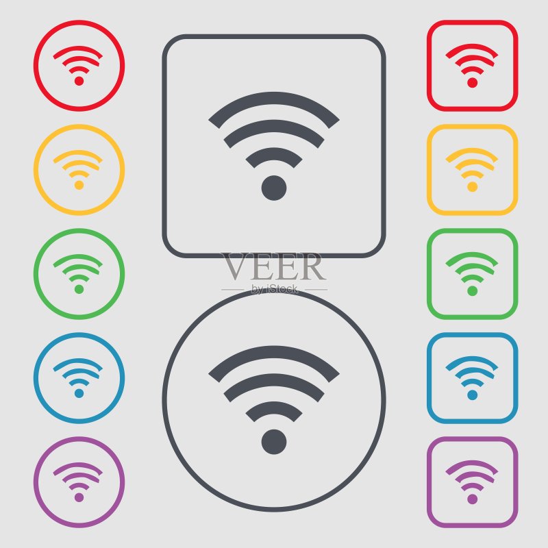 Wifi标志:Wi-fi符号,无线网络区域图标,圆形和方形按钮上的符号,矢量图标素材