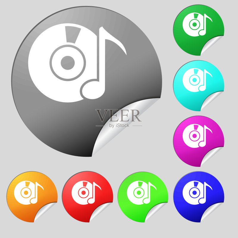 CD或DVD光盘图标标志:八个彩色圆形按钮贴纸矢量图图标素材