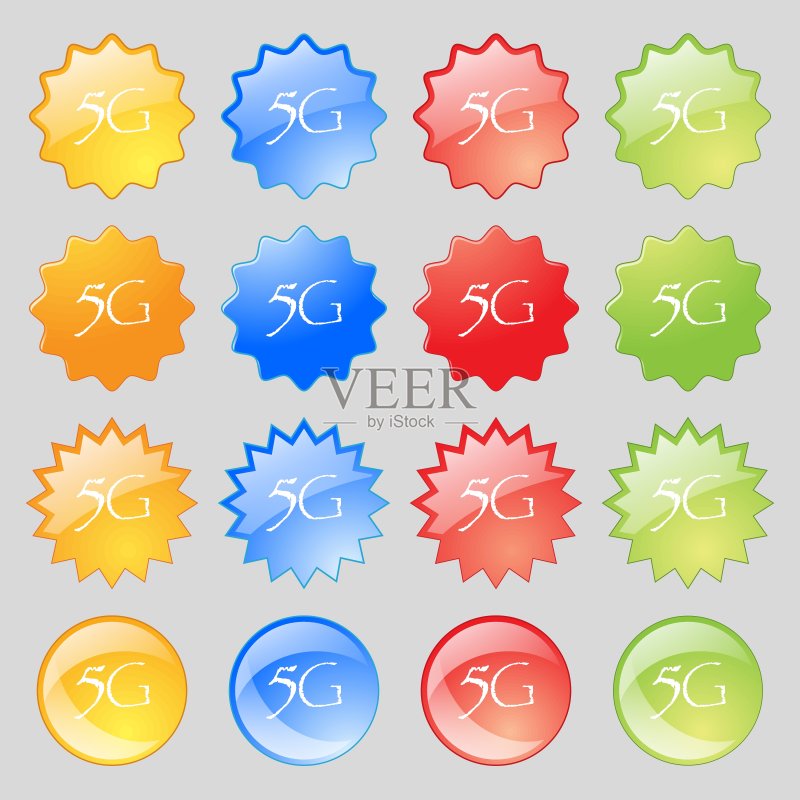 5G标志图标。移动电信技术符号。用于您的设计的16个彩色现代按钮大集合。矢量图图标素材