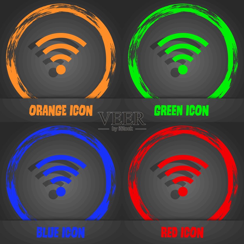 Wifi标志。Wi-fi符号。无线网络图标区域。时尚现代风格。橙色、绿色、蓝色、红色设计。矢量图标素材