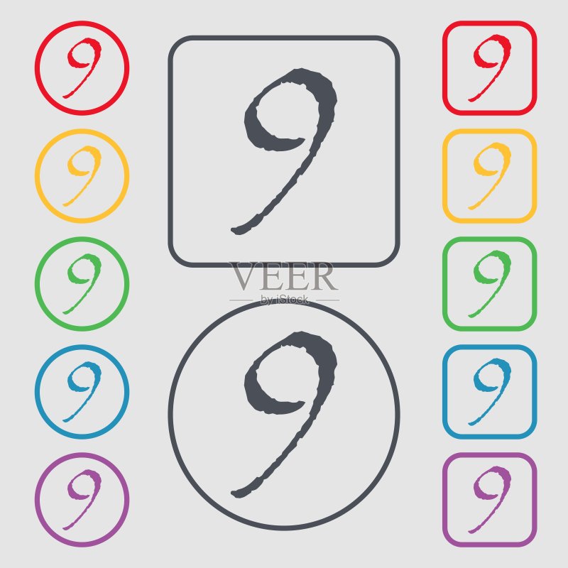 数字9图标符号。圆形和方形按钮上的符号与框架。矢量图图标素材