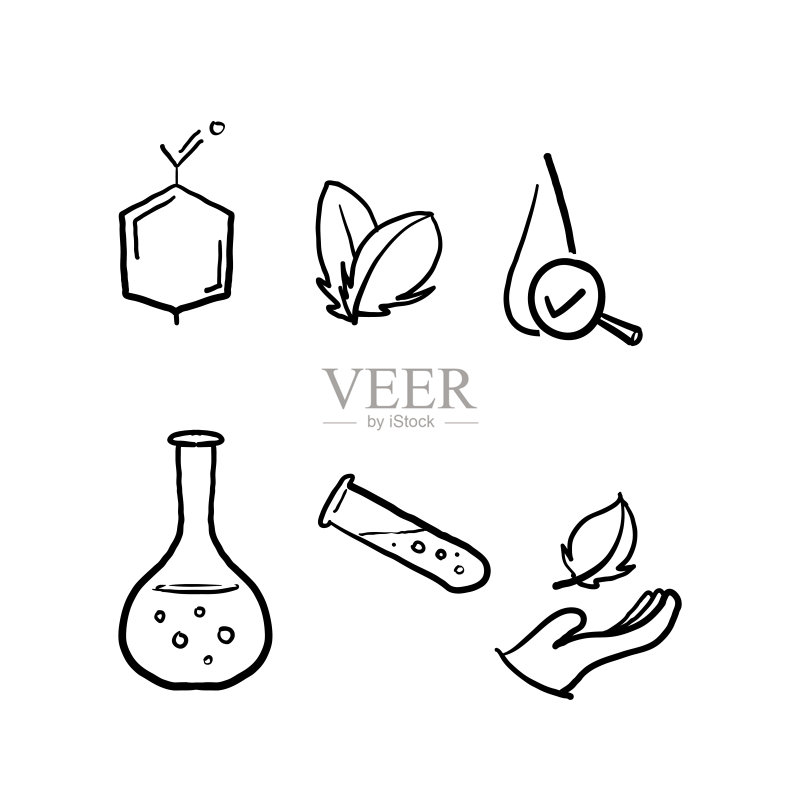 手绘无人工色素有机叶子线条图标,经皮肤病学测试,不含对羟基苯甲酸酯化学配方图标,低过敏性测试,中性酸碱度涂鸦图标素材