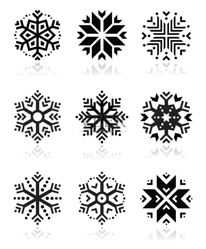 黑白背景上的雪花图标集图标素材