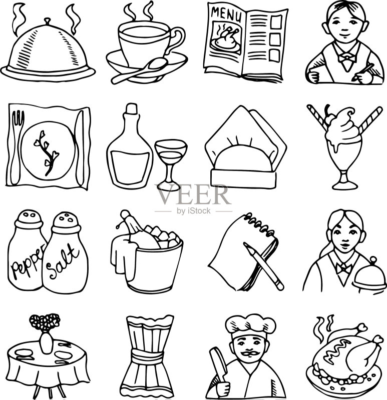 餐厅菜肴黑色轮廓图标集图标素材