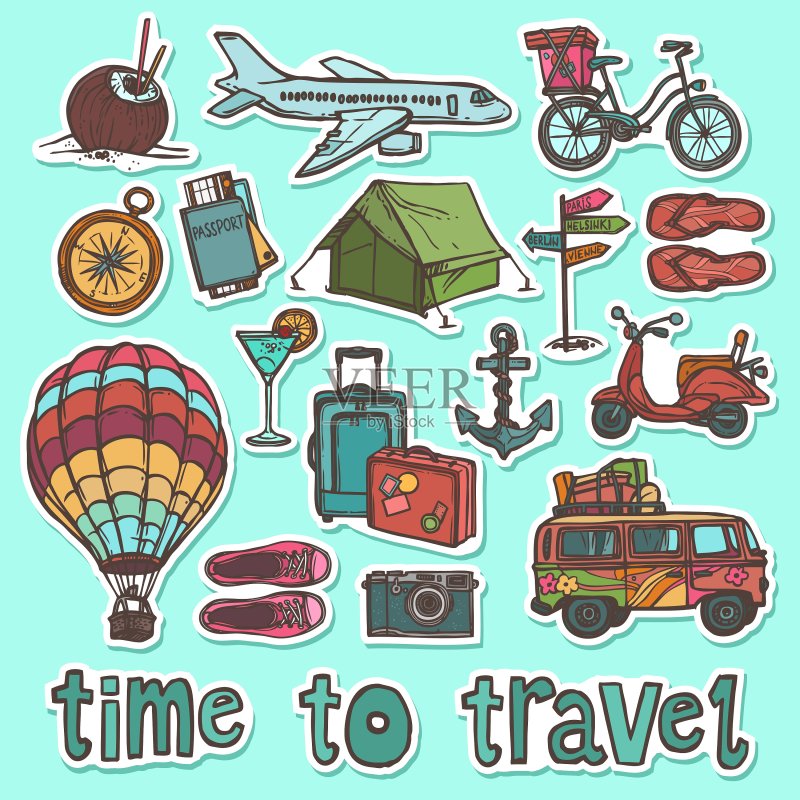 旅行素描贴纸套装图标素材