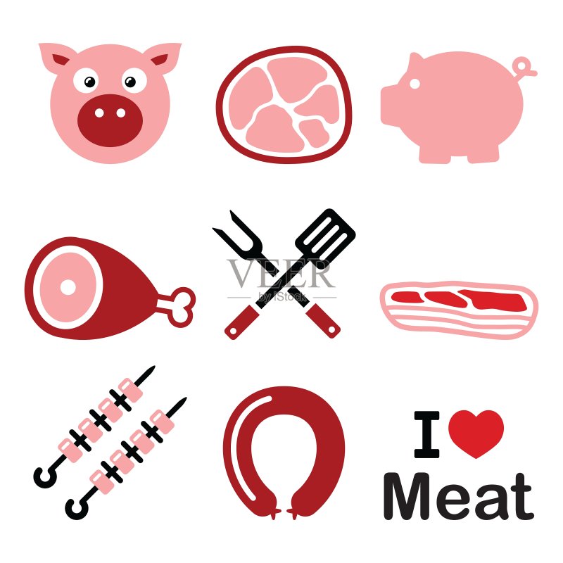 猪肉粉色火腿和培根图标集图标素材