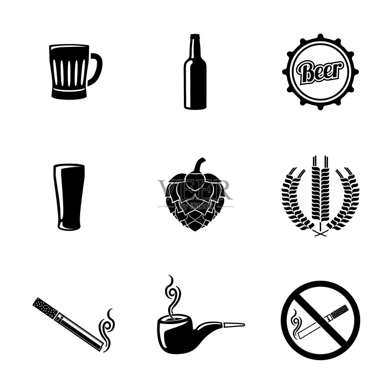 带玻璃杯瓶的酒吧和啤酒图标集图标素材