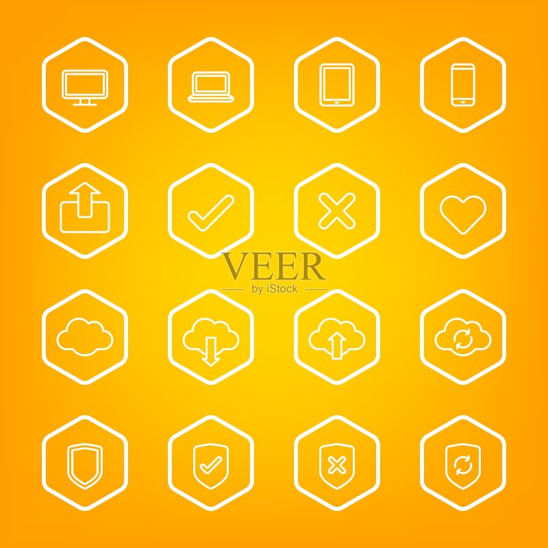 带六边形框架的白色线条Web图标集图标素材