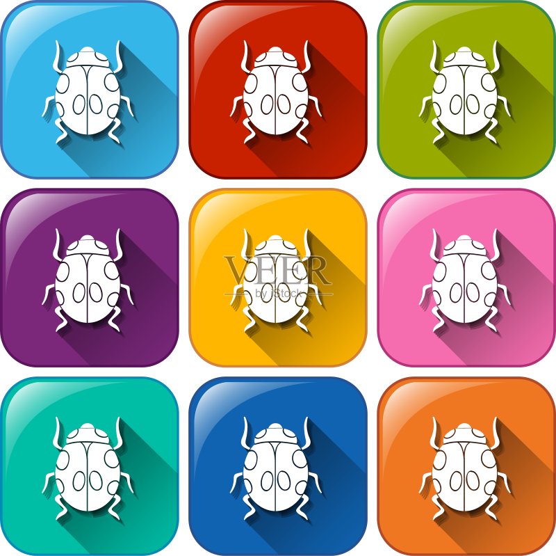 五颜六色的圆形按钮与bug图标素材