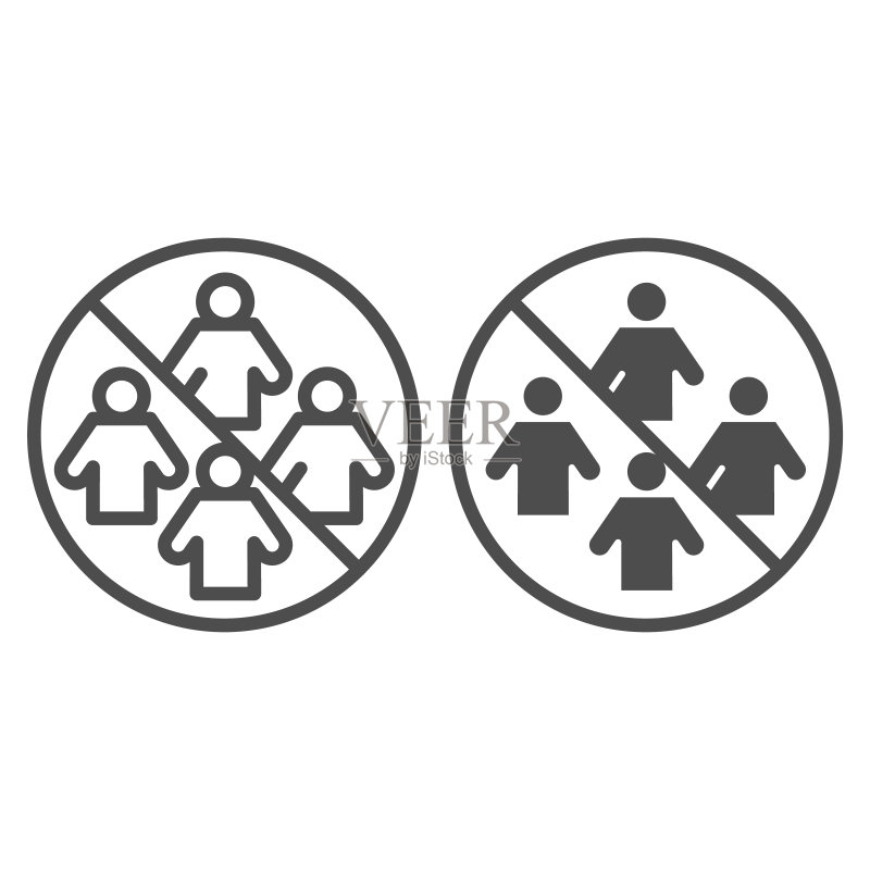 禁止人群聚集线性图标。保持社交距离标志,白色背景轮廓样式示意图。避免人群聚集,用于移动概念和网页设计矢量图形。图标素材