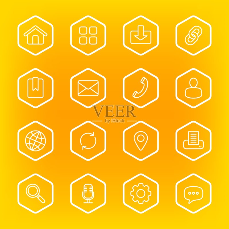 带六边形框架的白色线条Web图标集图标素材