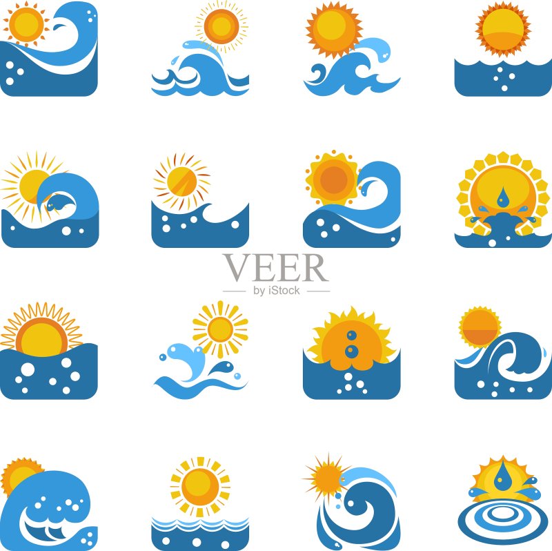 带太阳图标的蓝色海浪合集图标素材