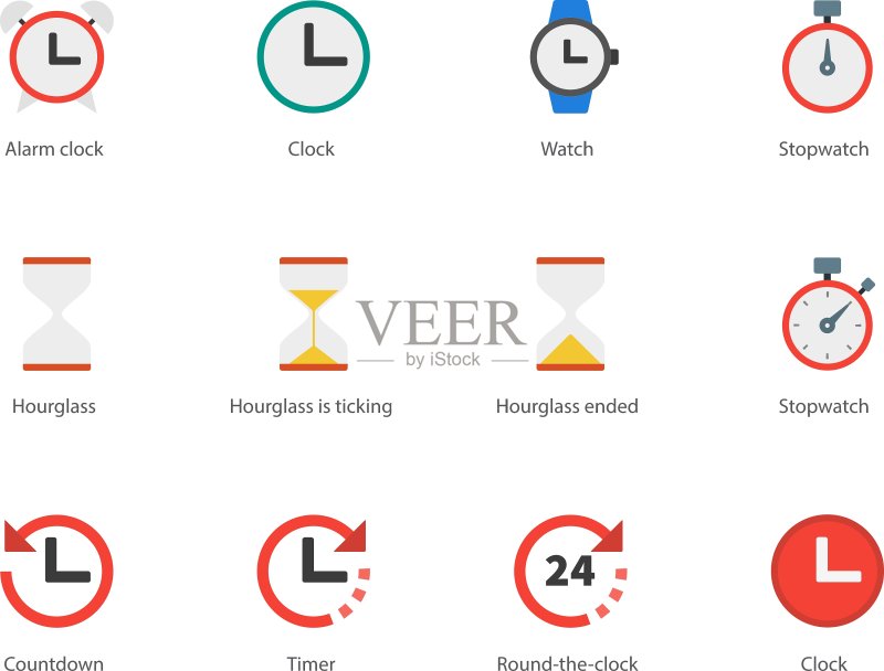白色背景上的时间和时钟彩色图标图标素材