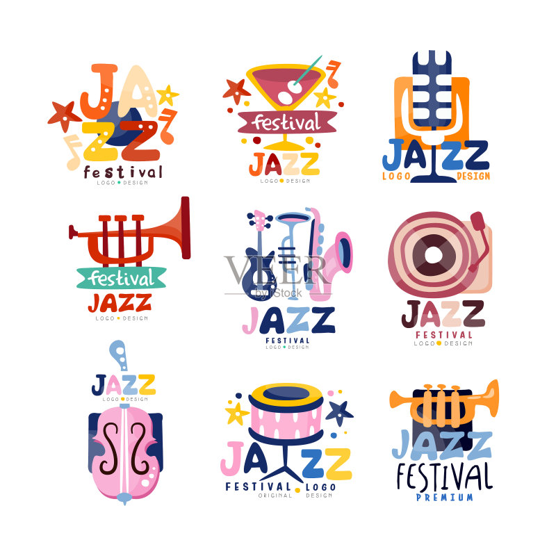 爵士音乐节或现场演出彩色Logo合集图标素材