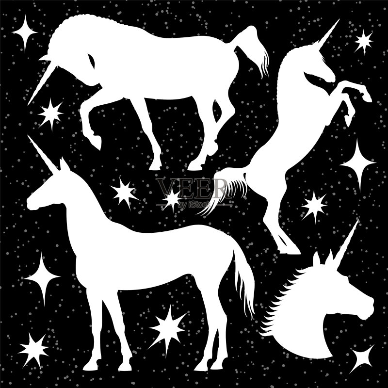 黑色背景上的白色独角兽剪影和星星图标素材