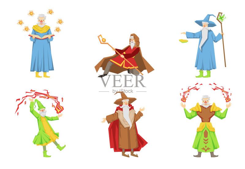 不同动作的扁平风格魔术师套装图标素材