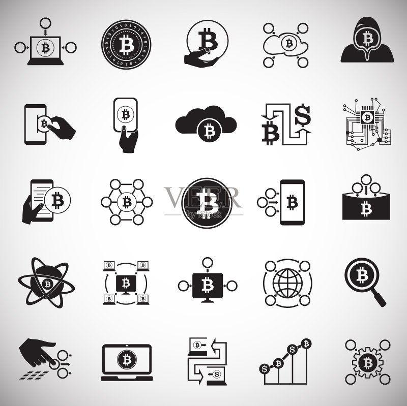白色背景上的比特币和加密货币图标集图标素材