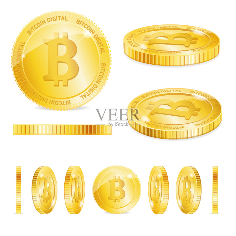 逼真细节3D金色比特币套装图标素材