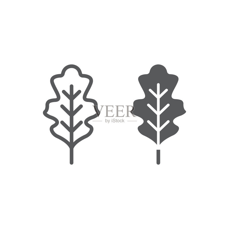 橡树叶线条和符号图标:自然与植物图标素材