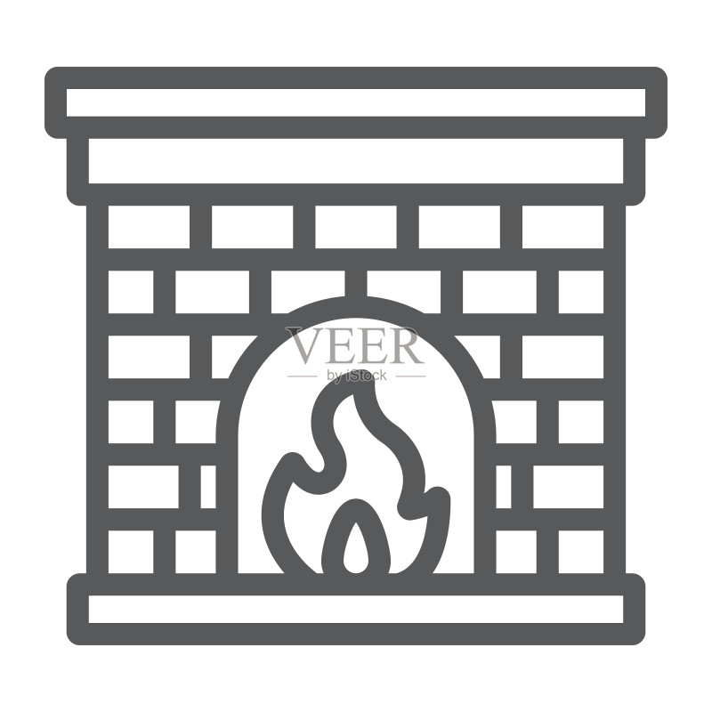 壁炉线条图标:火焰与圣诞家居图标素材