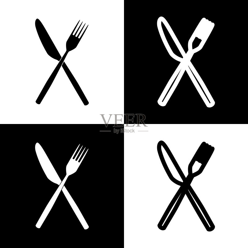 黑白餐叉和刀具标志图标素材