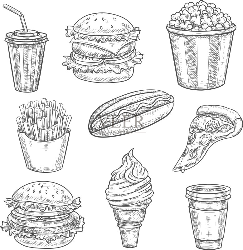快餐素描独立图标集图标素材