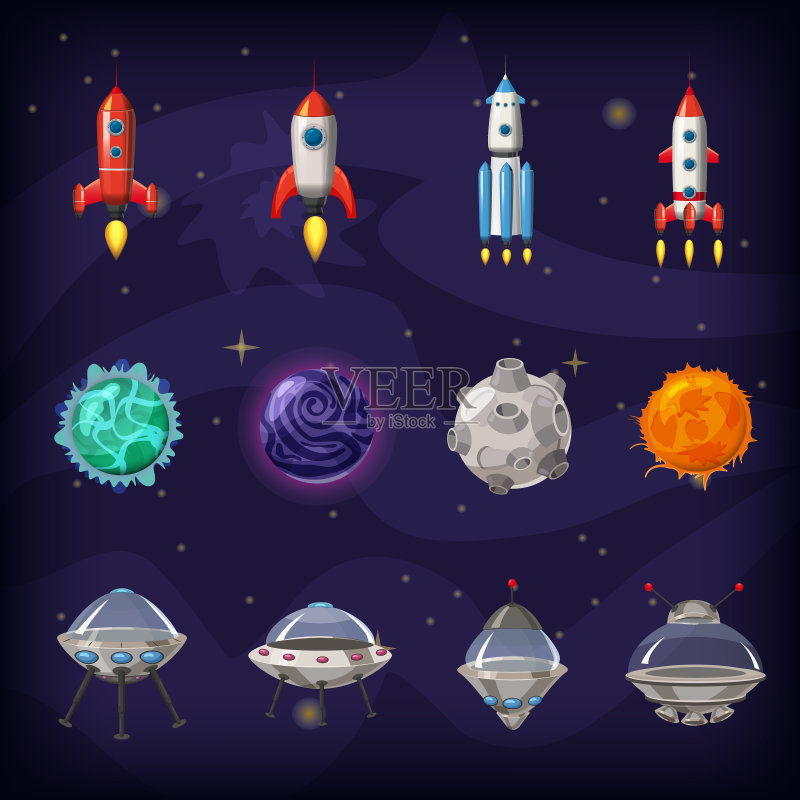 太空卡通图标集:行星、火箭、不明飞行物图标素材