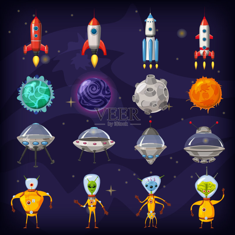 太空卡通图标集:行星、火箭、不明飞行物图标素材