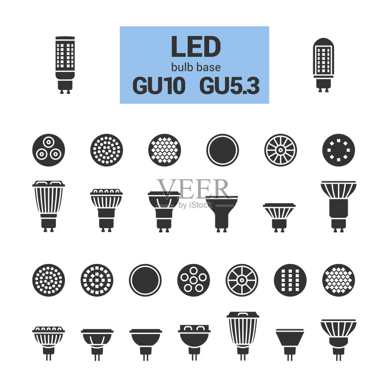 LED射灯GU10灯泡轮廓图标集图标素材