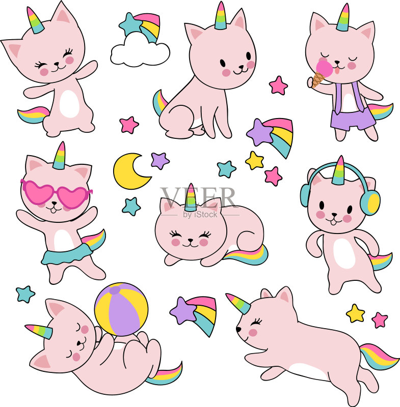 卡通可爱白色猫咪独角兽套装图标素材