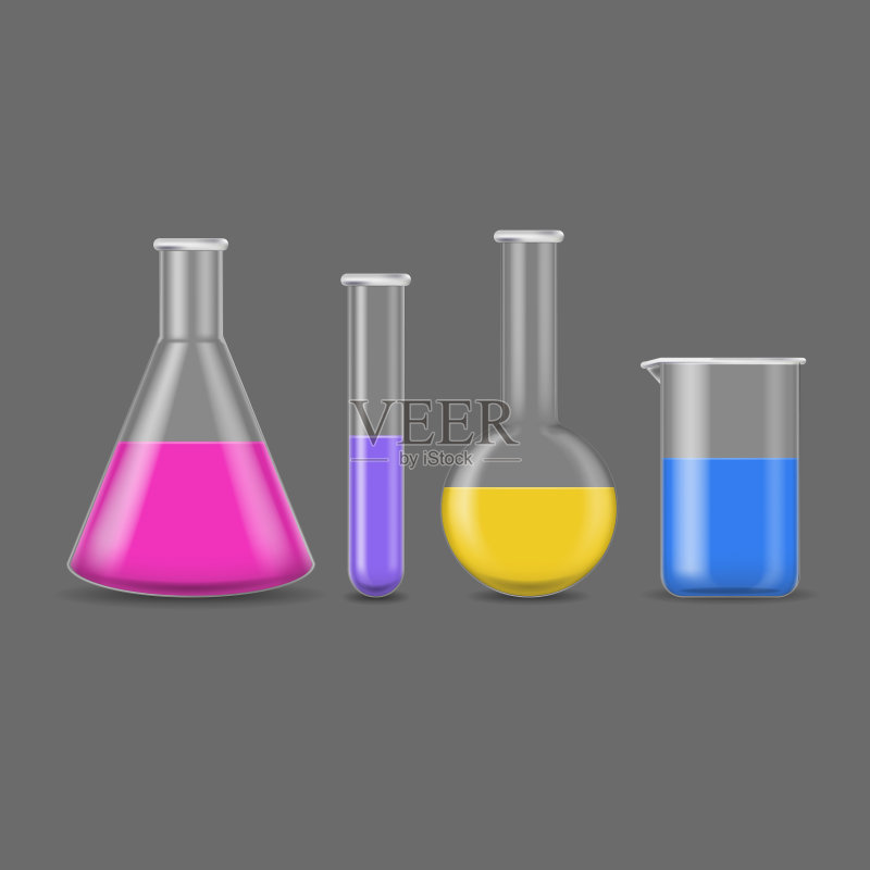 逼真细致的3D化学玻璃烧瓶套装图标素材