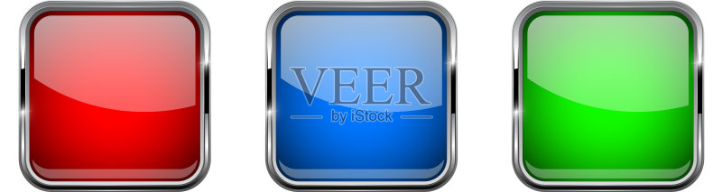 带镀铬边框的彩色玻璃3D方形按钮图标素材