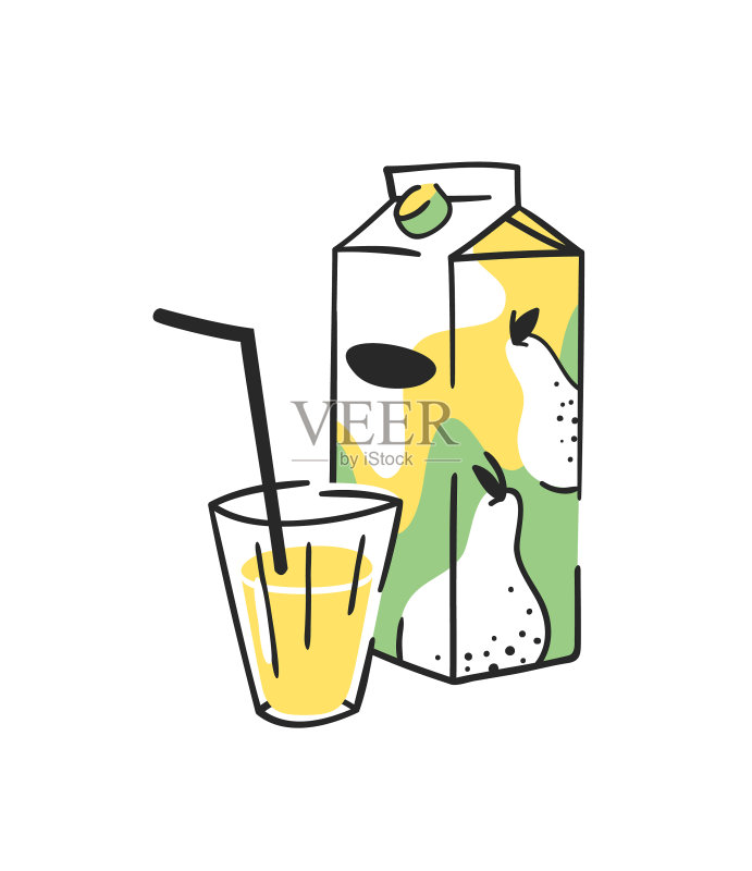 手绘夏季果汁包和玻璃杯图标素材
