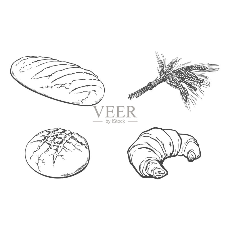 白面包牛角包套装素描图标素材
