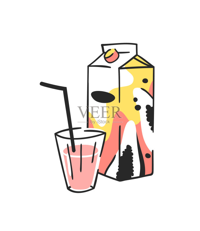 手绘夏季果汁包和玻璃杯图标素材