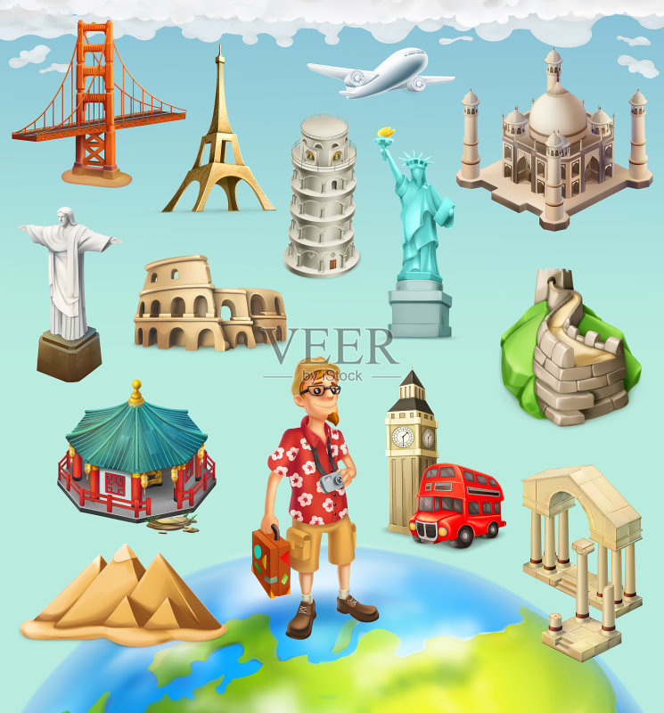 旅游景点3D图标集图标素材