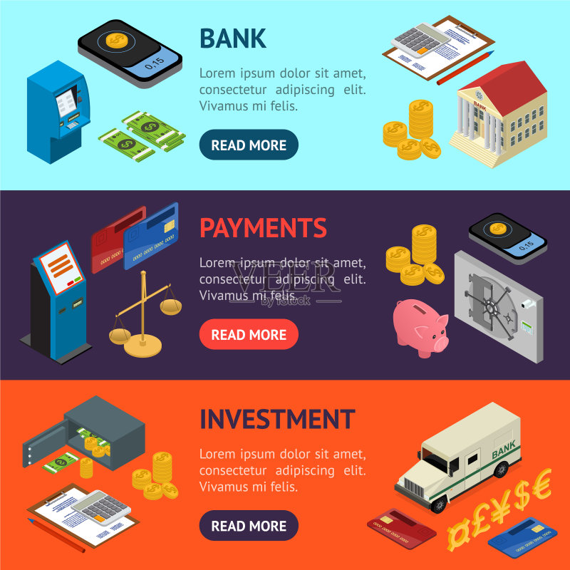 银行banner横幅水平构图2.5D视图图标素材