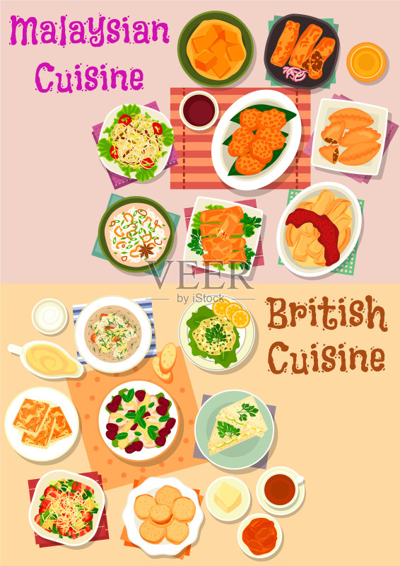 马来西亚和英国美食午餐菜单图标集图标素材