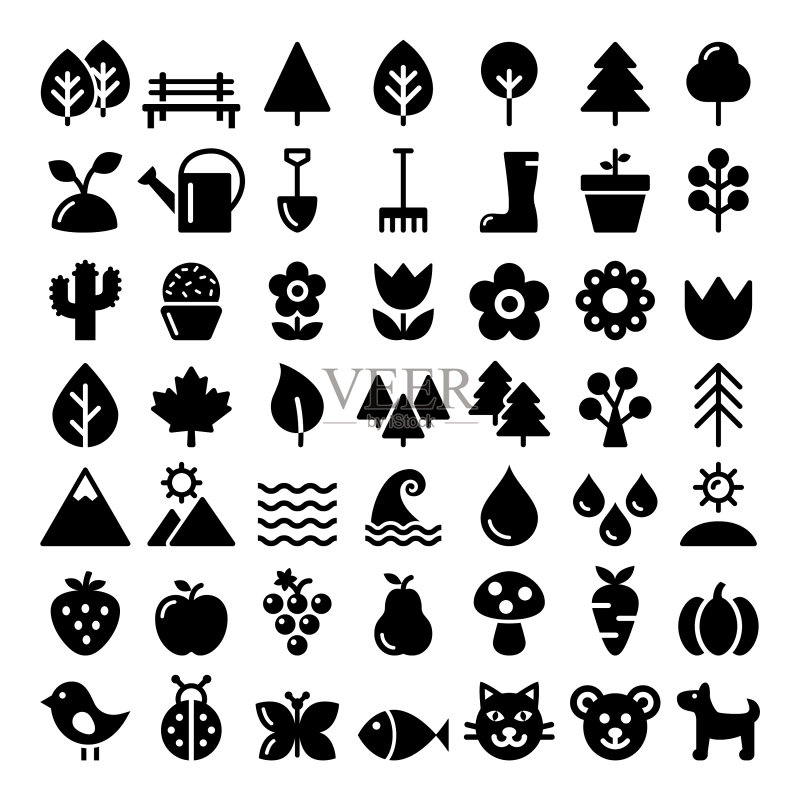 自然图标套装:公园、户外与动物图标素材