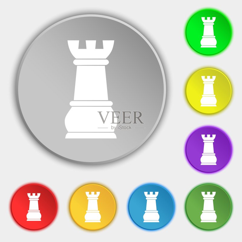 国际象棋车图标符号,位于八个扁平按钮上图标素材