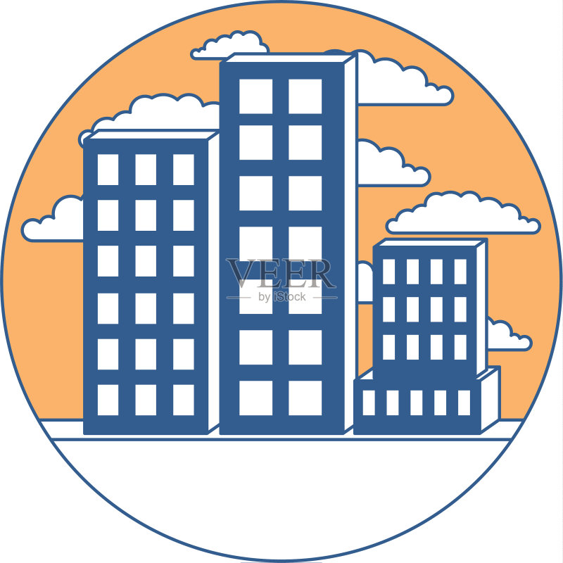 圆形相框云朵城市建筑模型图标素材