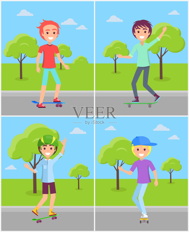 在绿色公园滑板的男孩滑板者合集图标素材