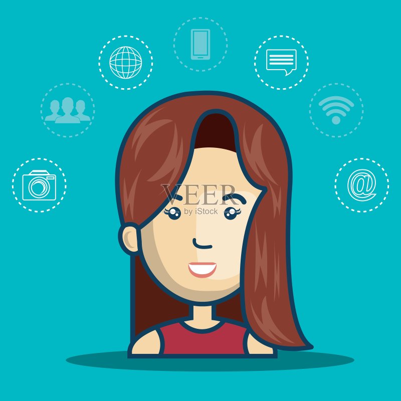 带有媒体图标集的女性头像图标素材