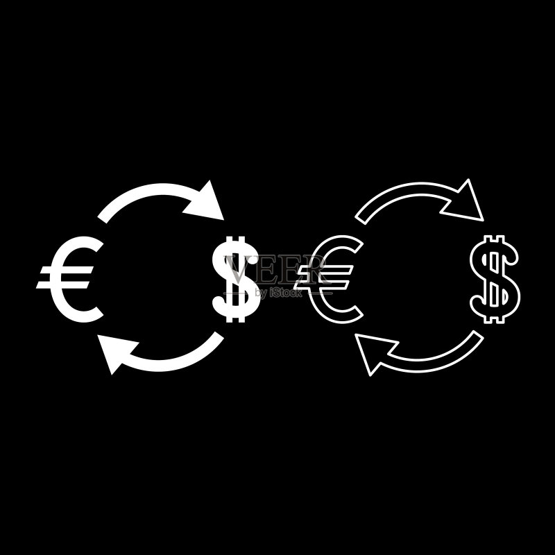 货币兑换图标设置白色扁平风格图标素材
