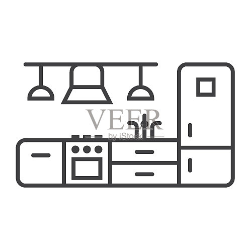厨房家具线条图标和室内设计图标素材