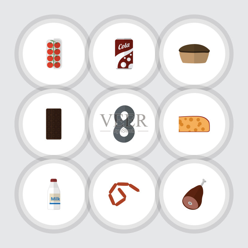 扁平风格食物图标:肉类糖果气泡图标素材
