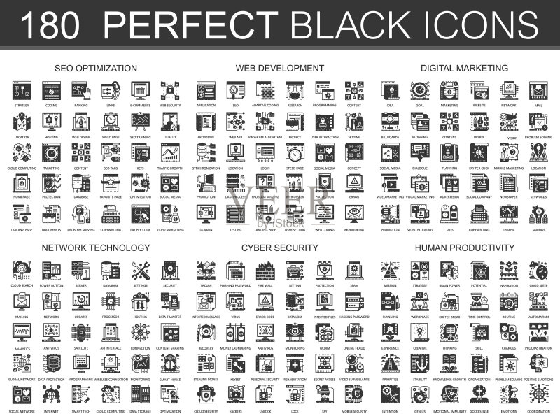 180个SEO优化Web开发数字图标图标素材