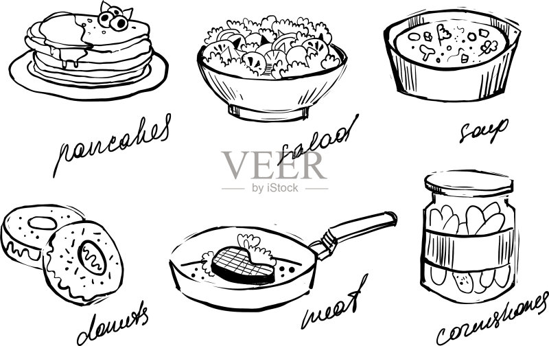 传统美食套餐:薄煎饼、沙拉、汤图标素材