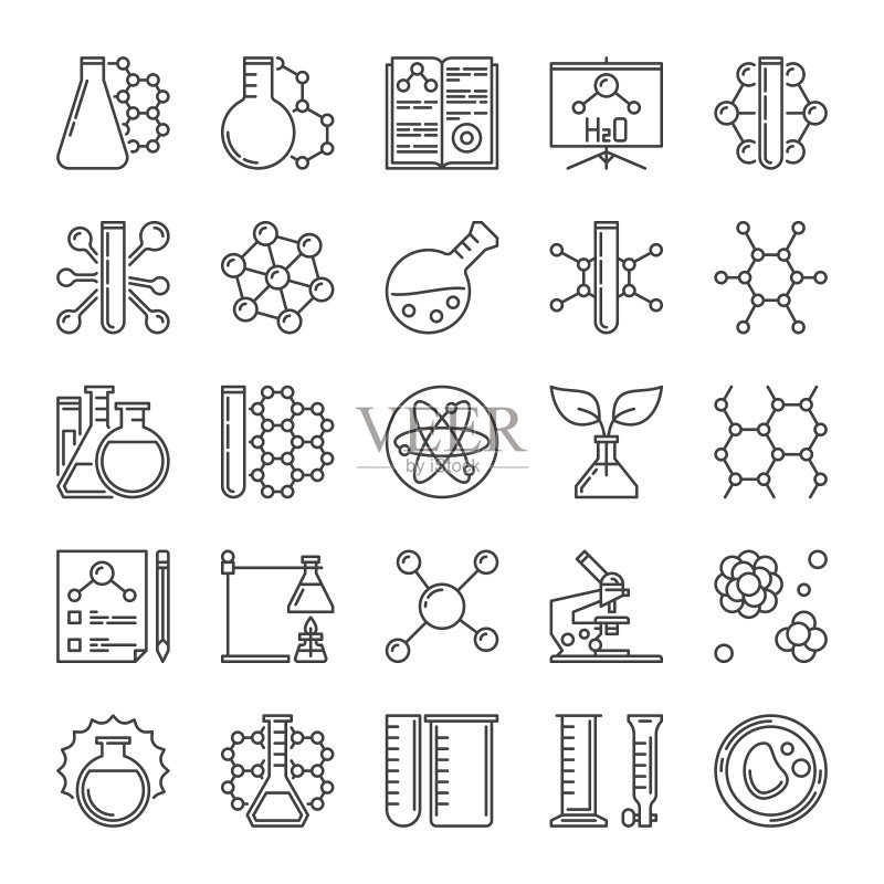 显微镜、烧瓶、分子和化学线条图标素材